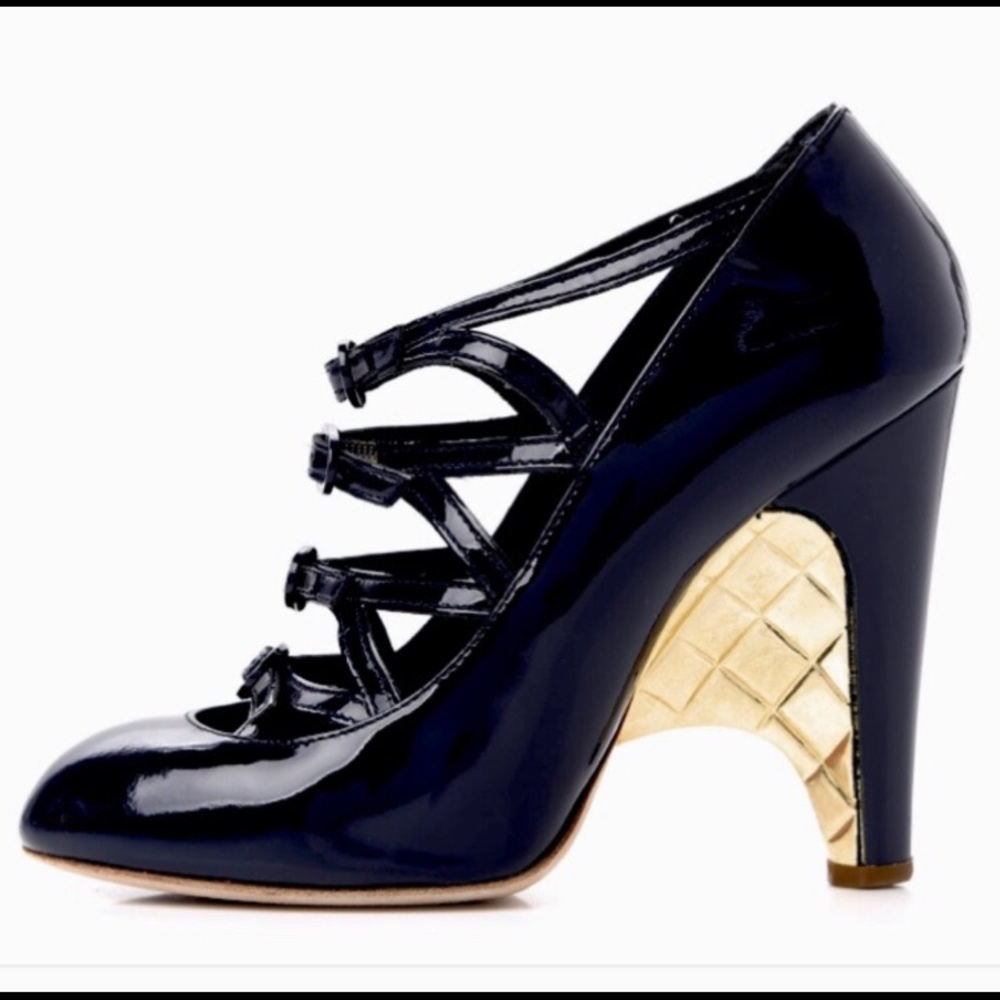 ISO Black patent Chanel strappy wedge gold accent size 11 or 11 1/2